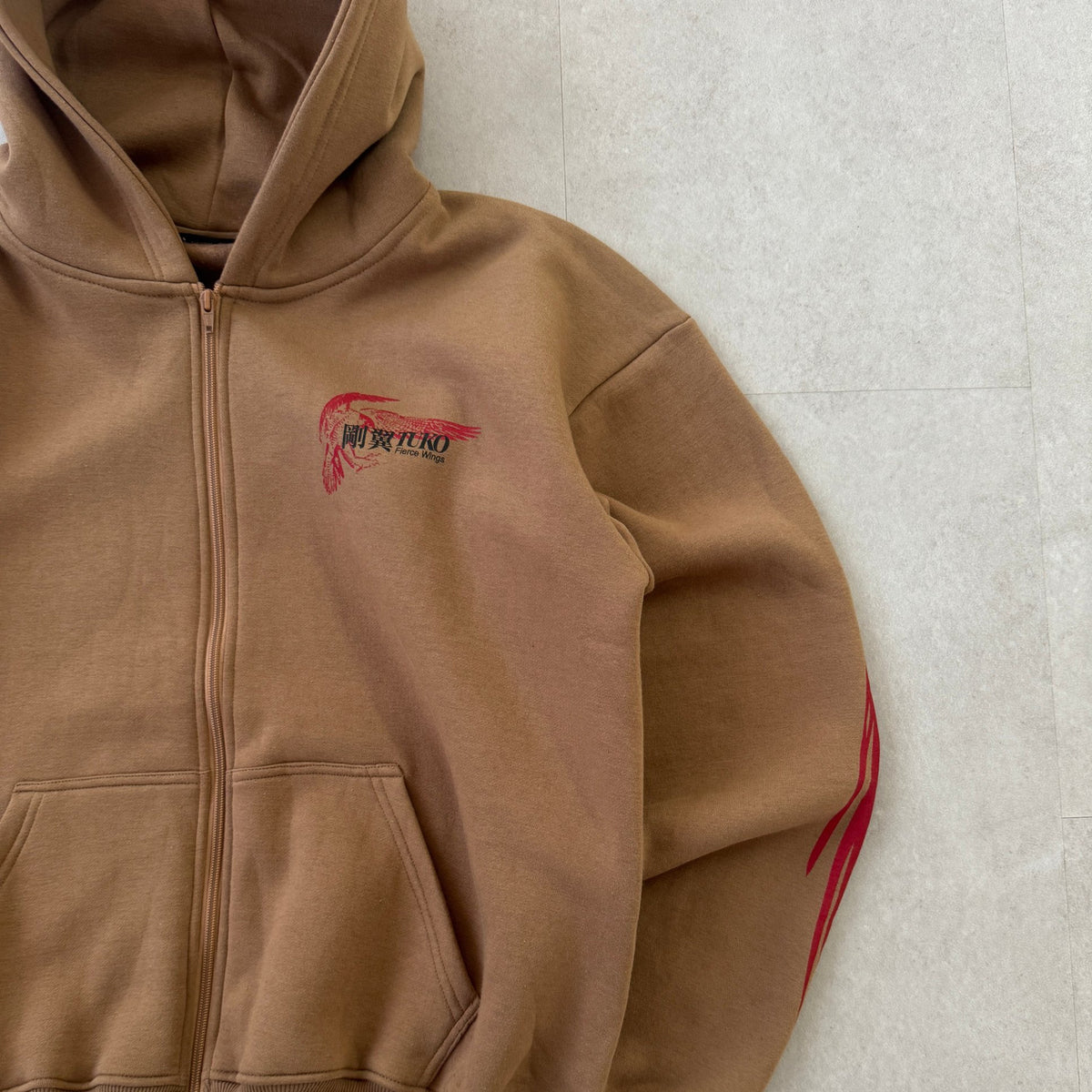 'HAWKS' Zip Hoodie (Beige) - front with chest print and sleeve print