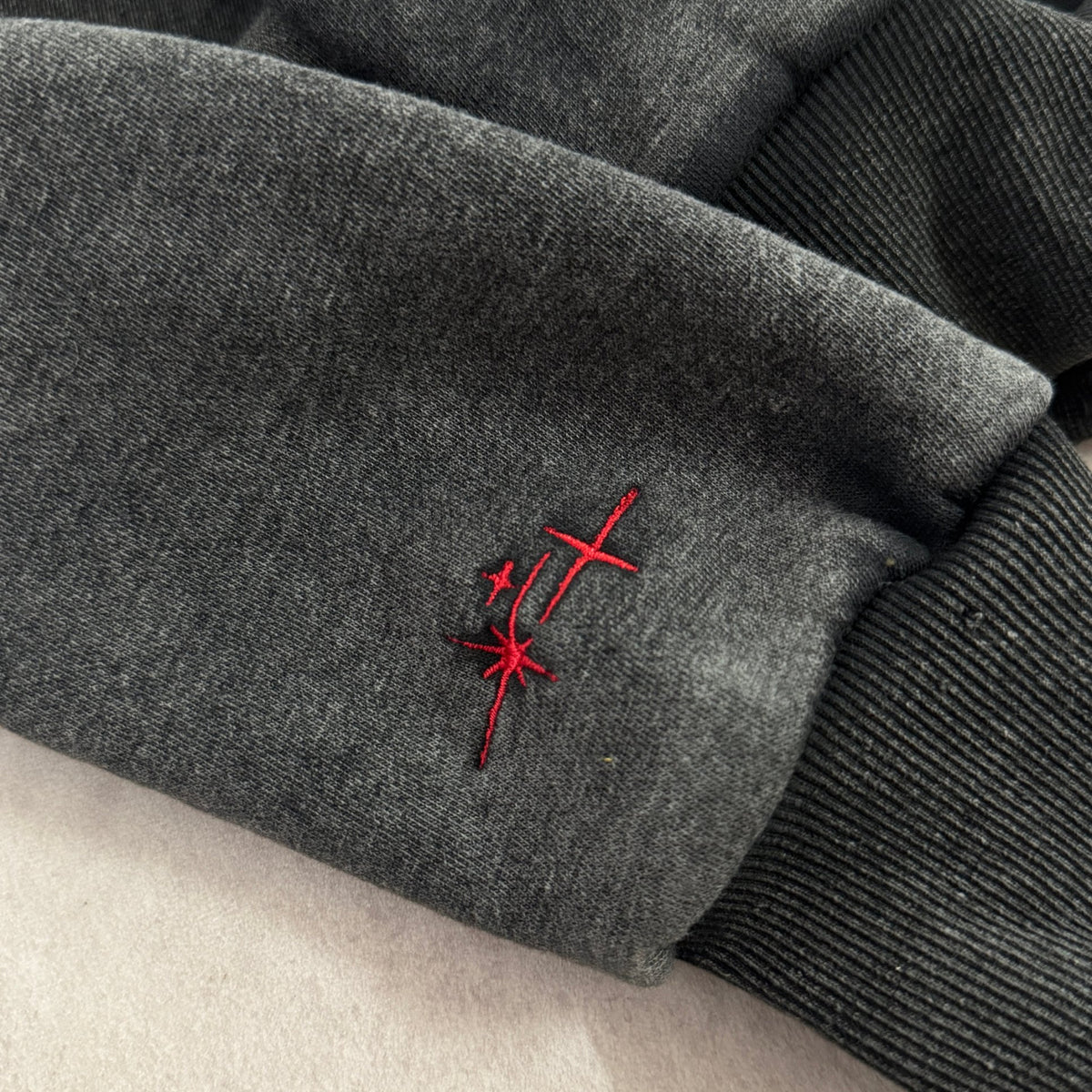 'DYNAMIGHT' High-Neck Hoodie - red embroidered sparkle detail on sleeve