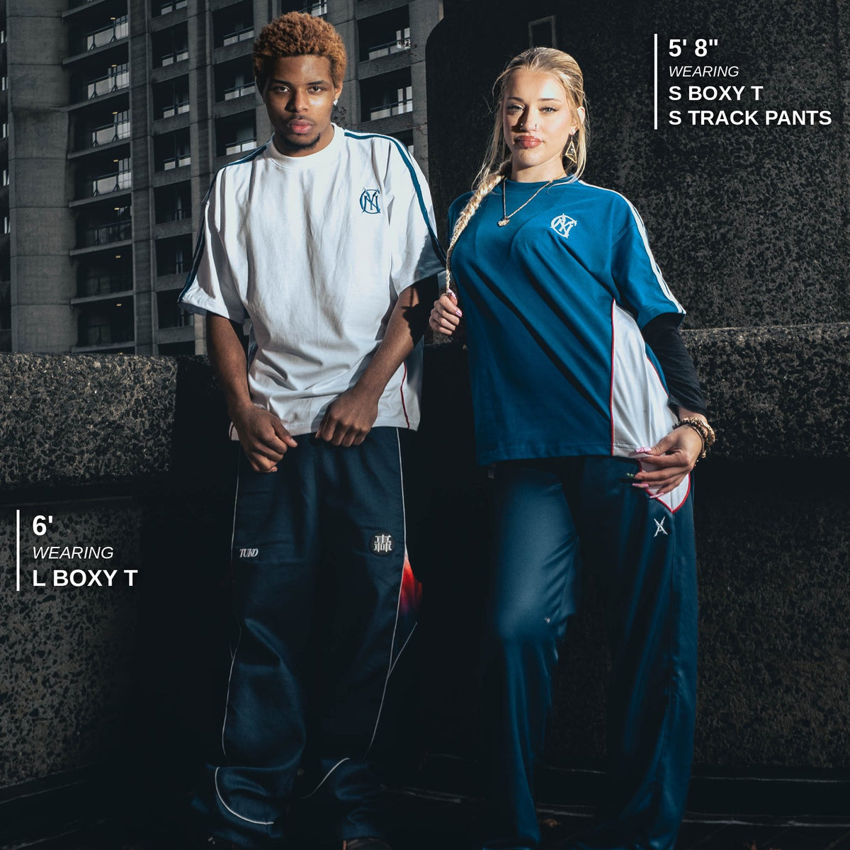 Size and fit reference - 5' 8" model wearing S boxy T and S track pants