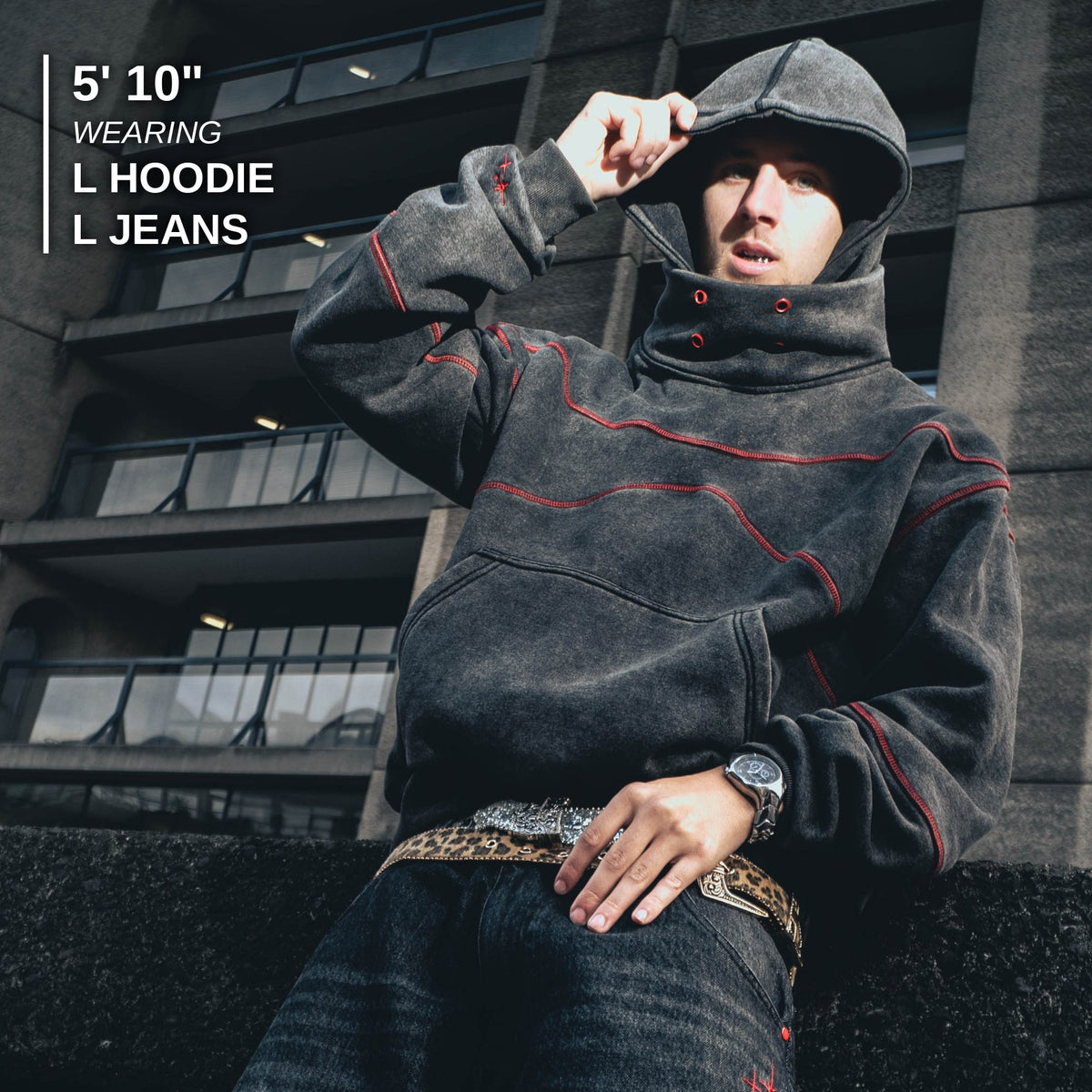 Size and fit reference - 5' 10" model wearing L hoodie and L jeans