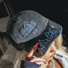 'BLUE FLAME' Distressed Baseball Cap - worn, close-up