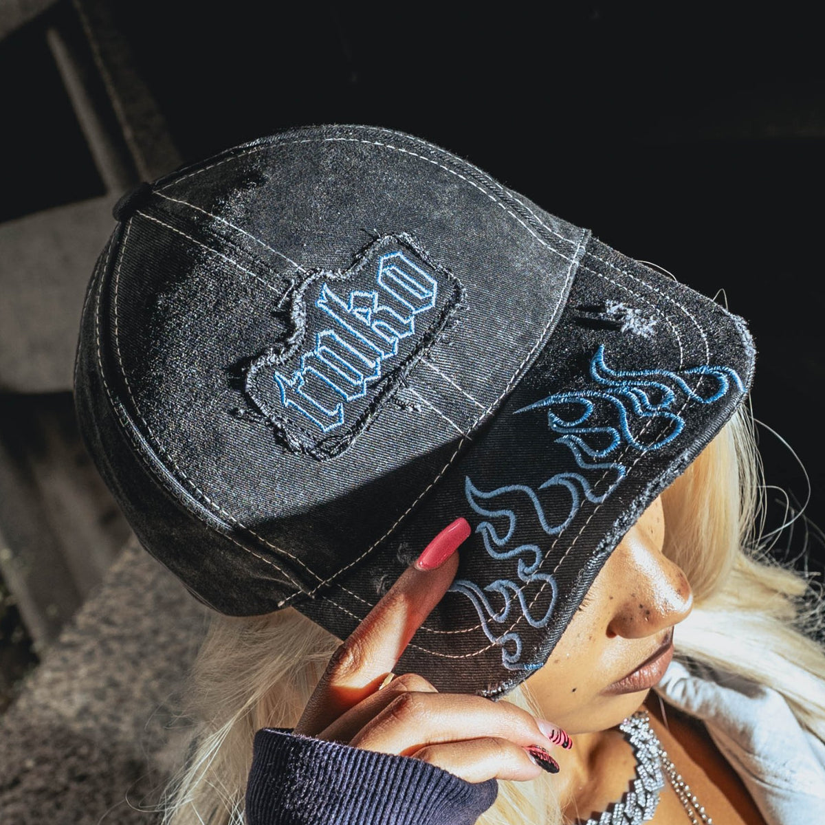 'BLUE FLAME' Distressed Baseball Cap - worn, close-up