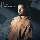 Size and fit reference - 6' model wearing L zip-up hoodie