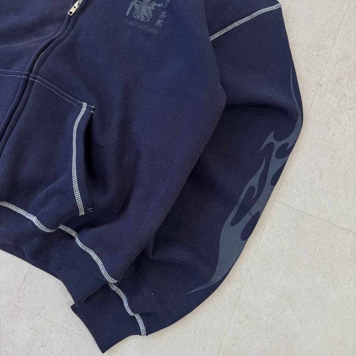 'BLUE FLAME' Zip Hoodie - pouch pocket and flame sleeve print