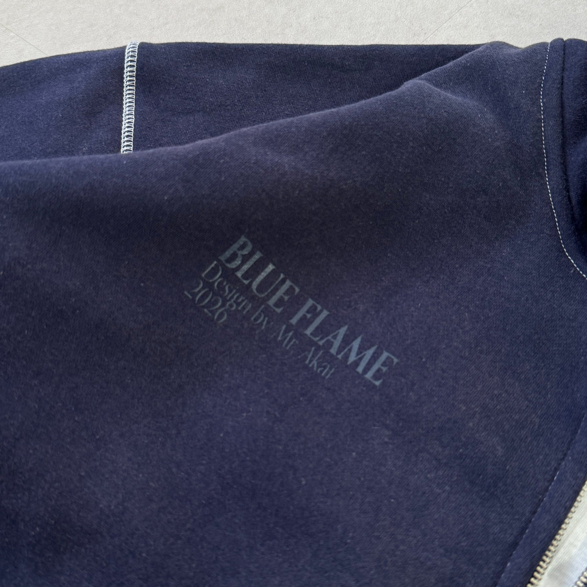 'BLUE FLAME' Zip Hoodie - BLUE FLAME text print and flatlock seam detail