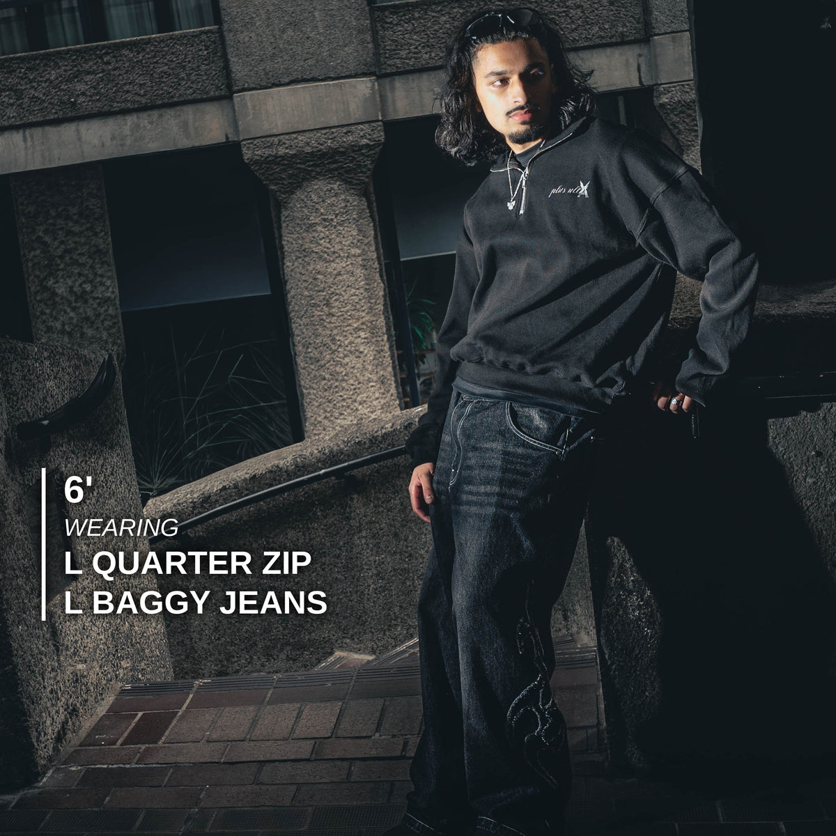 Size and fit reference - 6' model wearing L quarter zip